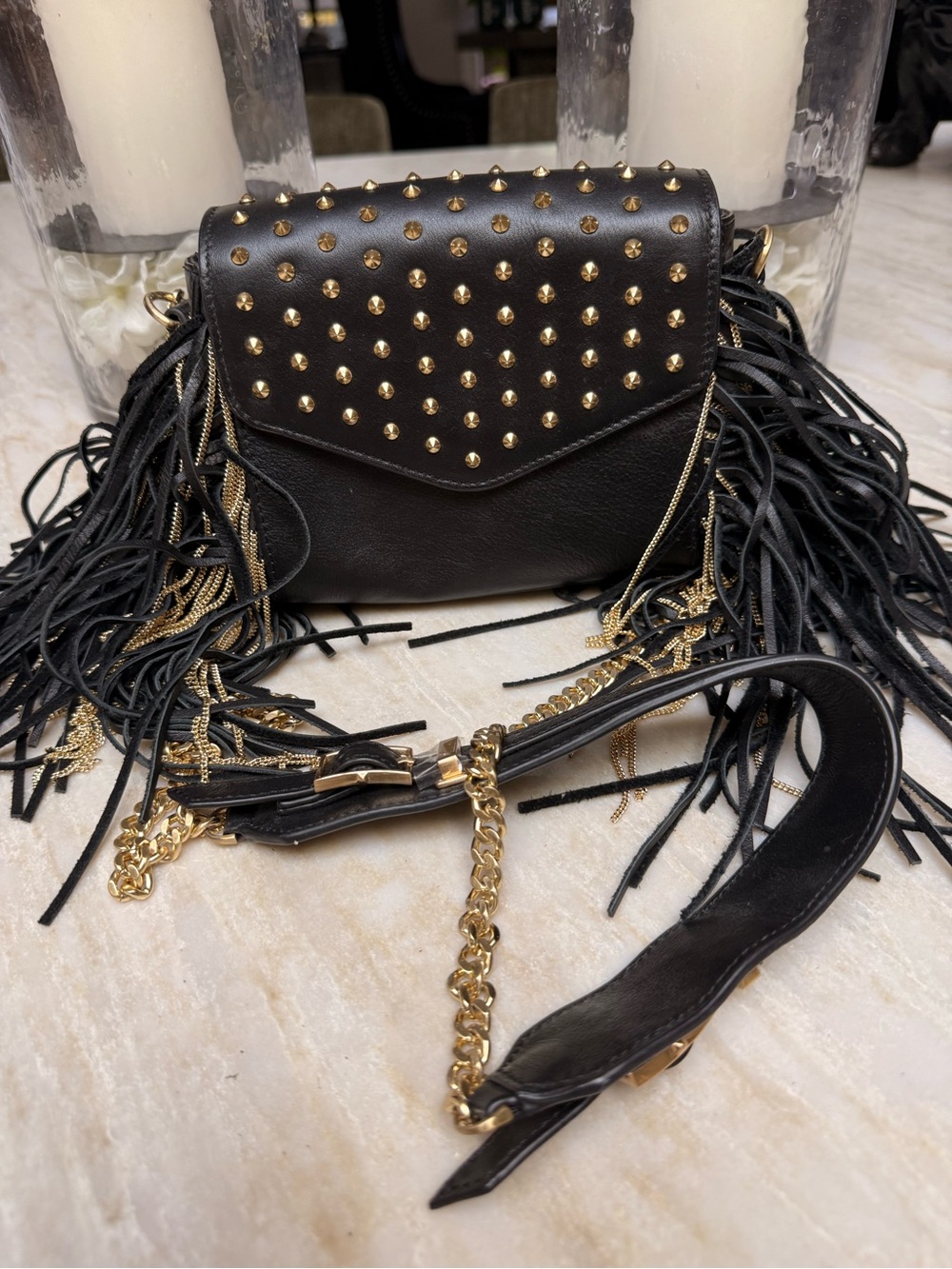 Black Studded Fringe Crossbody Bag with Gold Chain